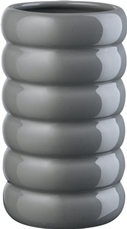 Auf dem Bild ist eine graue, zylindrische Vase mit gerilltem Design zu sehen. Sie hat eine glänzende Oberfläche und wirkt modern und elegant.
