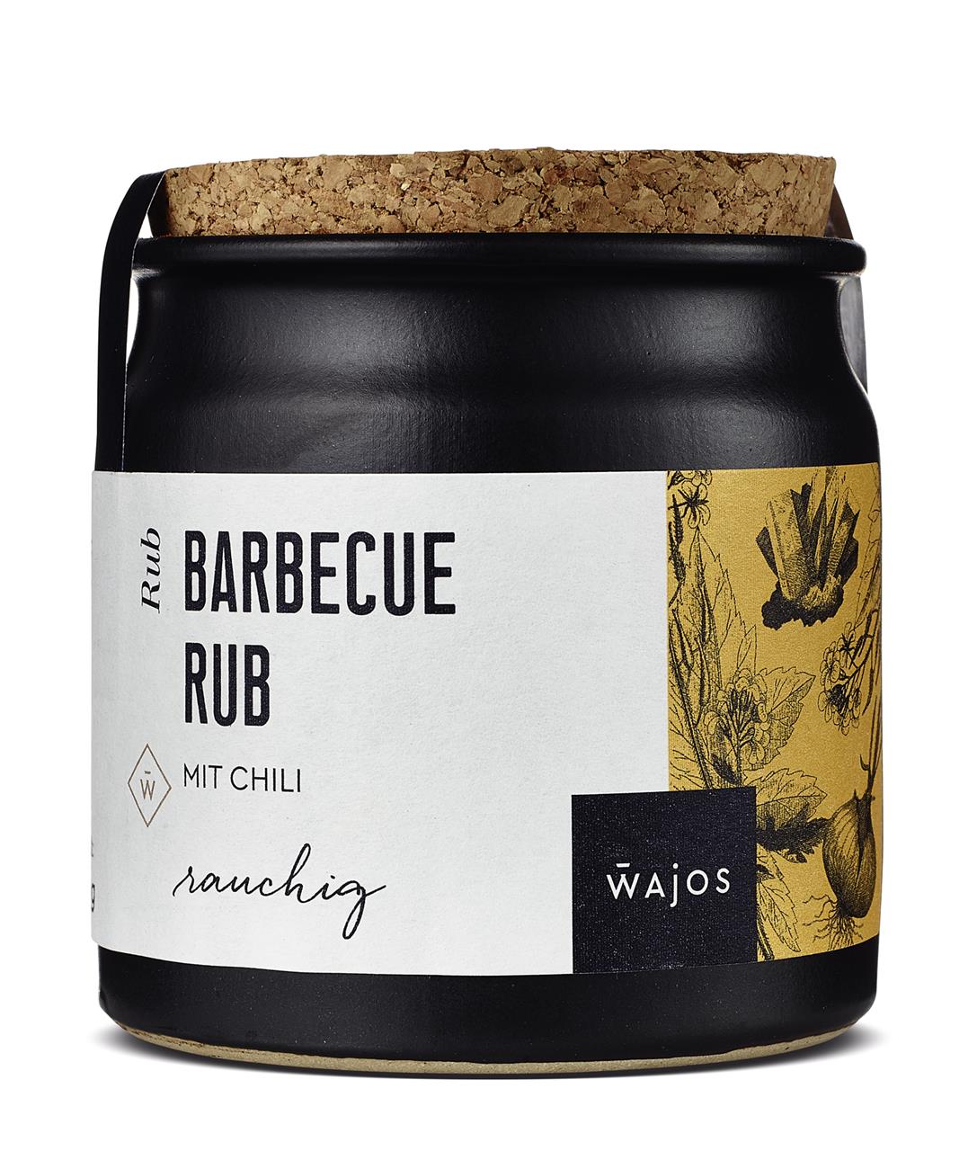 Das Bild zeigt eine Dose mit der Aufschrift "Barbecue Rub" von der Marke Wajos. Die Gewürzmischung enthält Chili und hat ein rauchiges Aroma.