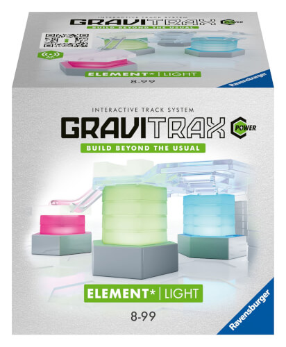 Auf dem Bild ist eine Verpackung des GraviTrax Element Light Sets zu sehen. Die leuchtenden Bauelemente sind auf der Vorderseite der Verpackung abgebildet.
