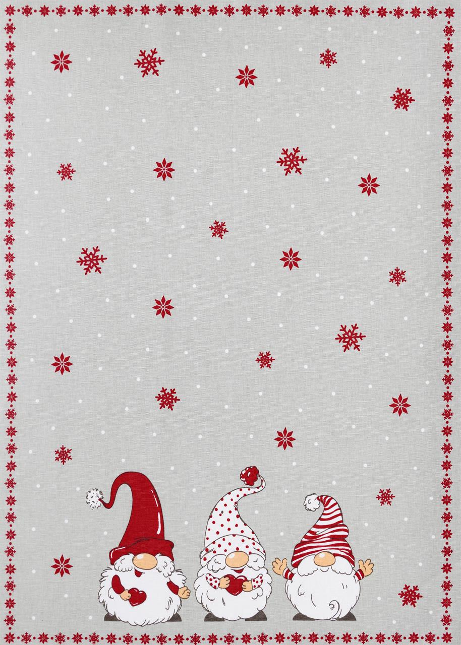Das Geschirrtuch zeigt drei fröhliche Wichtel am unteren Rand, umgeben von roten Schneeflocken und Punkten auf grauem Hintergrund. Am Rand verläuft ein Muster aus roten Schneeflocken, das das winterliche Motiv abrundet.