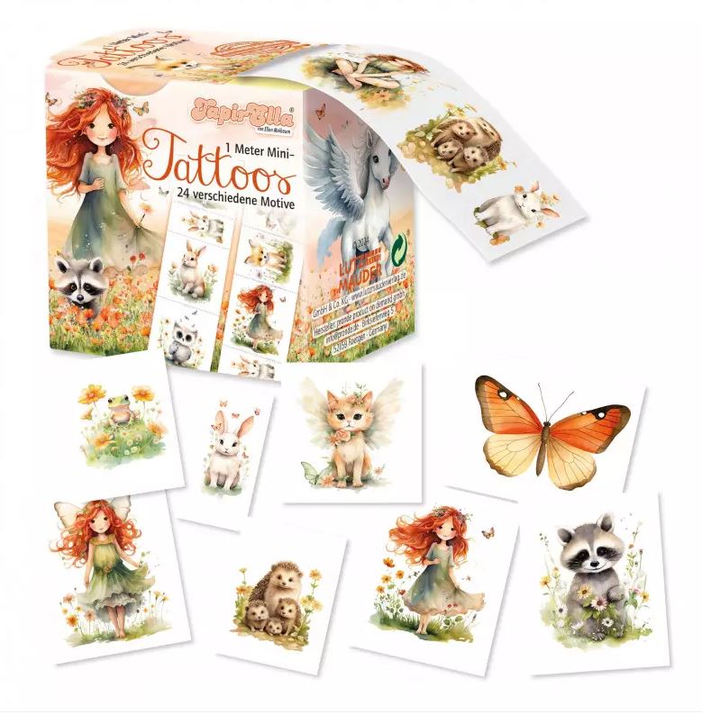 Das Bild zeigt die Verpackung und verschiedene Motive des „TapirElla Tattoo-Meter, Elfenprinzessin“. Zu sehen sind bunte, kindgerechte Tattoos mit Elfen, Tieren und Blumen.