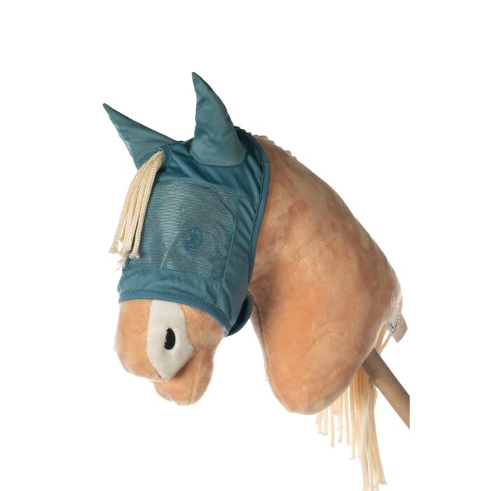 Das Foto zeigt die Fliegenschutzmaske - Hobby Horsing - in Türkis. Sie ist für das Hobby Horsing bestimmt.