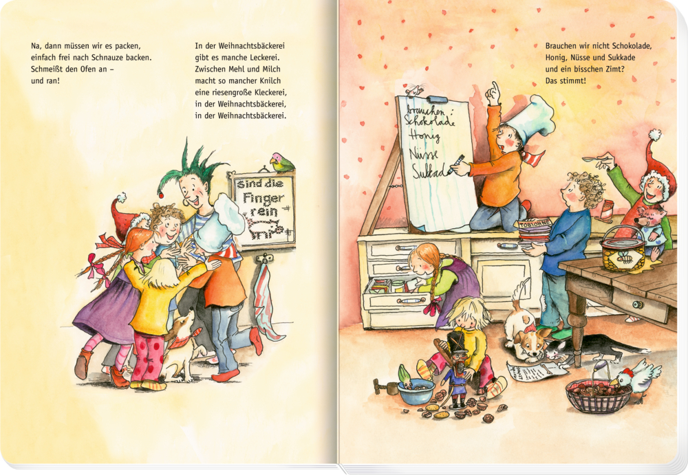 Hier sieht man das Buch 'In Der Weihnachtsbäckerei - Buch Mit Adventskalend'. Die Seiten zeigen weihnachtliche Inhalte und Rezepte.