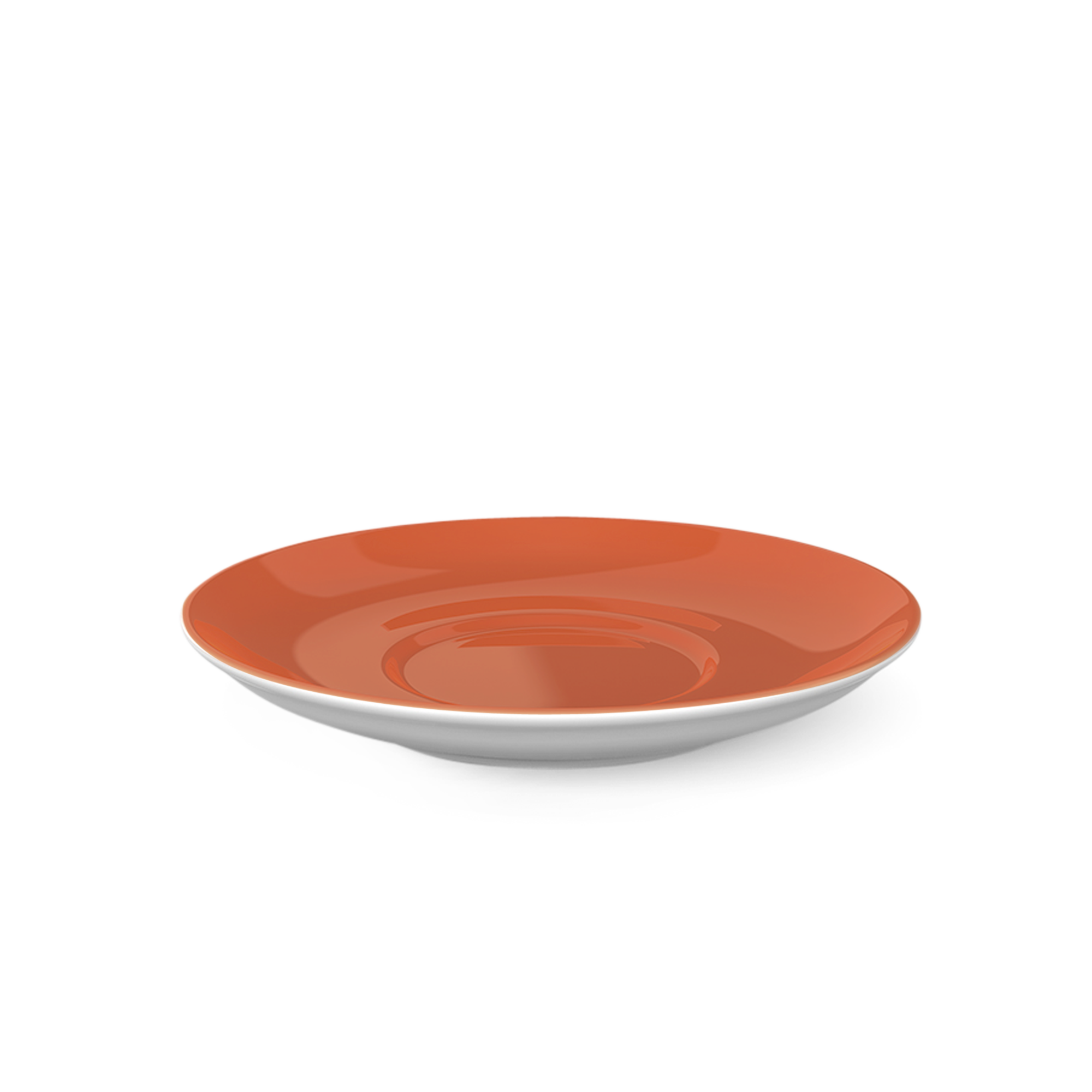 Abgebildet ist eine Cappuccino Untertasse mit 16 cm Durchmesser aus der Serie Koralle Solid Color. Die Untertasse erscheint in einem kräftigen Korallenton.