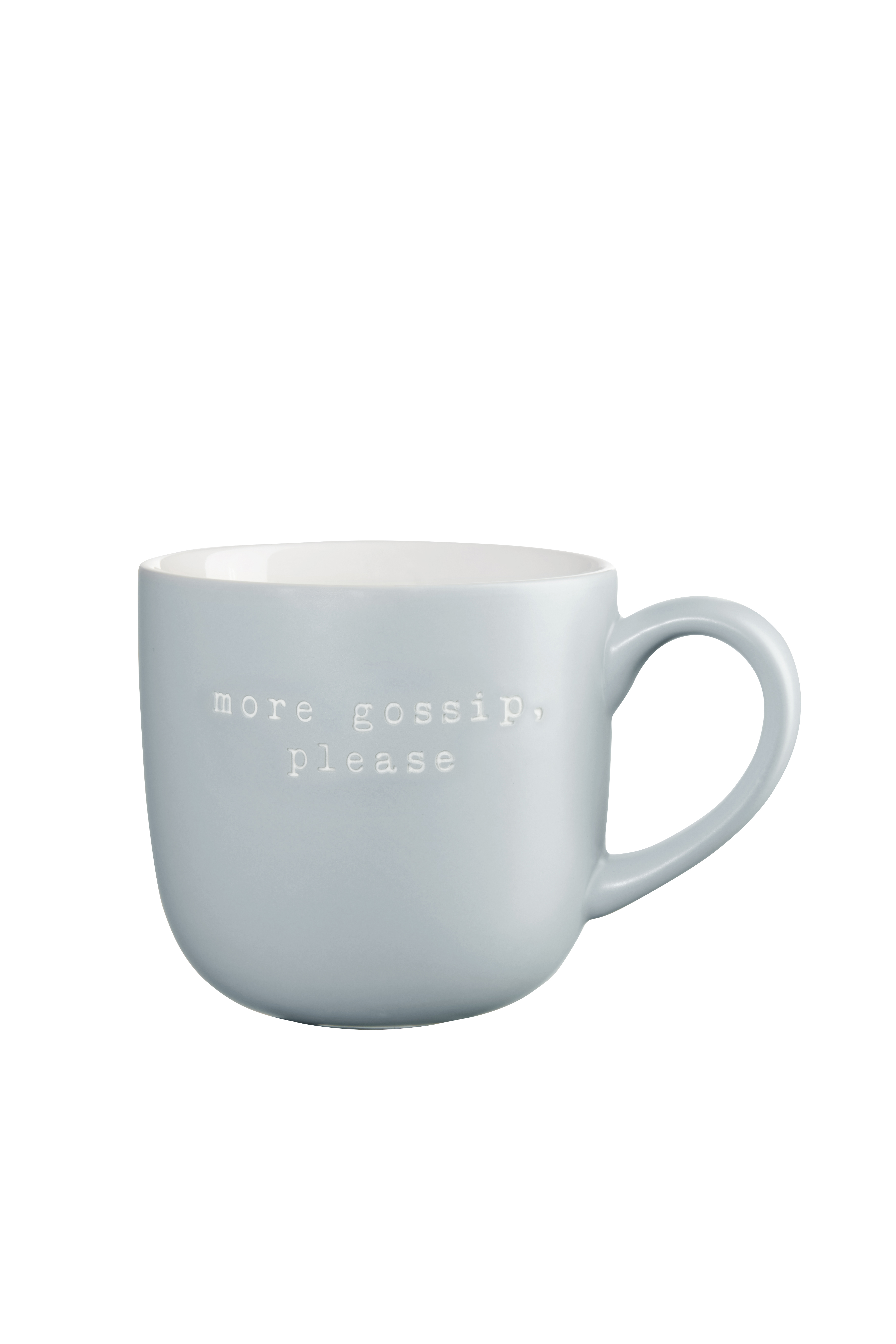 Der Henkelbecher mit dem Aufdruck 'more gossip, please' ist abgebildet. Die Tasse ist ideal für Kaffeeliebhaber und bringt Humor in den Alltag.