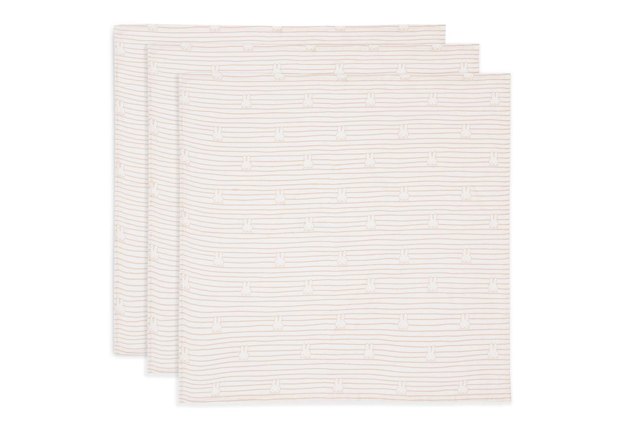 Das Bild zeigt drei Spucktücher mit dezentem Streifenmuster und kleinen Miffy-Motiven. Die Tücher sind in der Farbe Biscuit gehalten und messen jeweils 70x70 cm.