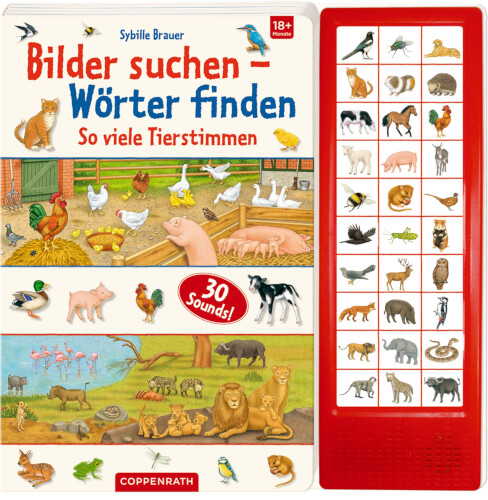 Das Bild zeigt ein Kinderbuch mit dem Titel "Bilder suchen – Wörter finden" und vielen verschiedenen Tieren darauf. Rechts daneben ist ein rotes Soundpanel mit Tierbildern, das Tierstimmen abspielen kann.