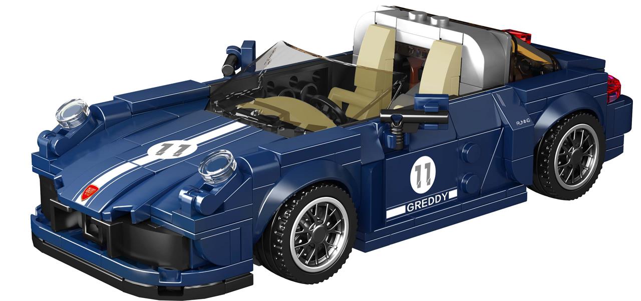 Das Bild zeigt das Produkt "Mould King® 27040 - 911 Tagar Sportwagen inkl. Showcase". Es handelt sich um ein detailreiches, aus Bausteinen gebautes Modell eines blauen Sportwagens mit Rennstreifen und Startnummer.