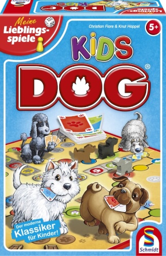 Auf dem Bild ist die Spielschachtel von "Kids DOG" zu sehen. Mehrere gezeichnete Hunde spielen mit Spielkarten auf einem bunten Spielbrett.