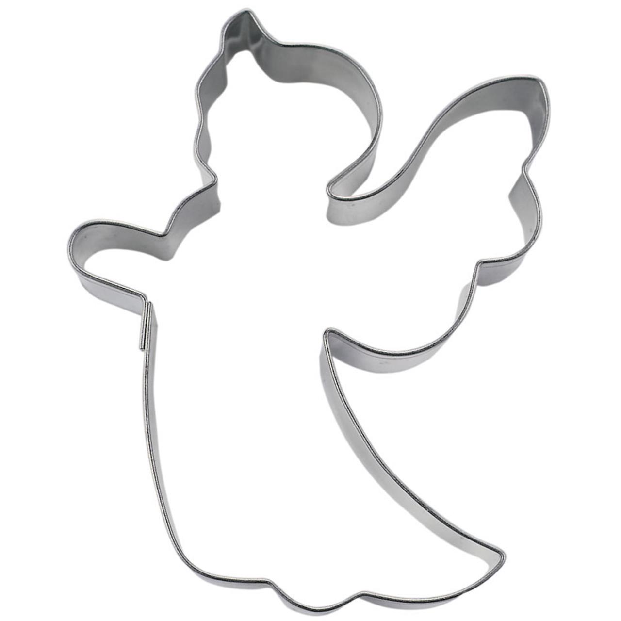Auf dem Bild ist ein Ausstecher in Form eines Engels zu sehen. Er besteht aus Metall und wird zum Ausstechen von Plätzchen verwendet.