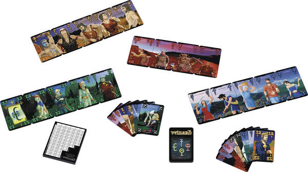 Das Bild zeigt das Kartenspiel "Wizard" mit verschiedenen farbigen Spielkarten, einem Spielblock und einem Kartenstapel. Die Karten sind mit Fantasy-Figuren und Zahlen illustriert.