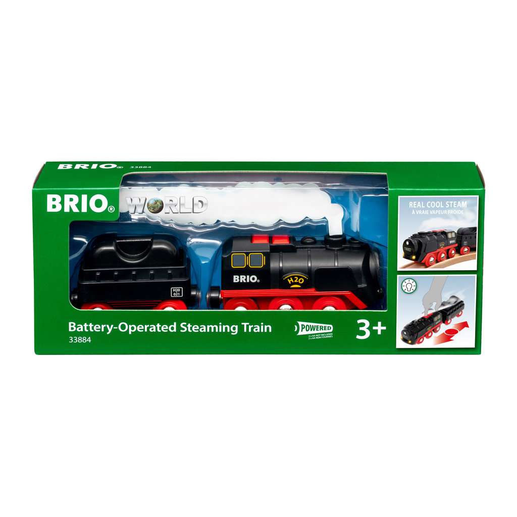 Das Bild zeigt die Verpackung der "BRIO® Batterie-Dampflok mit Wassertank". In der Schachtel ist eine schwarz-rote Spielzeuglokomotive mit echtem Dampf-Effekt für Kinder ab 3 Jahren zu sehen.