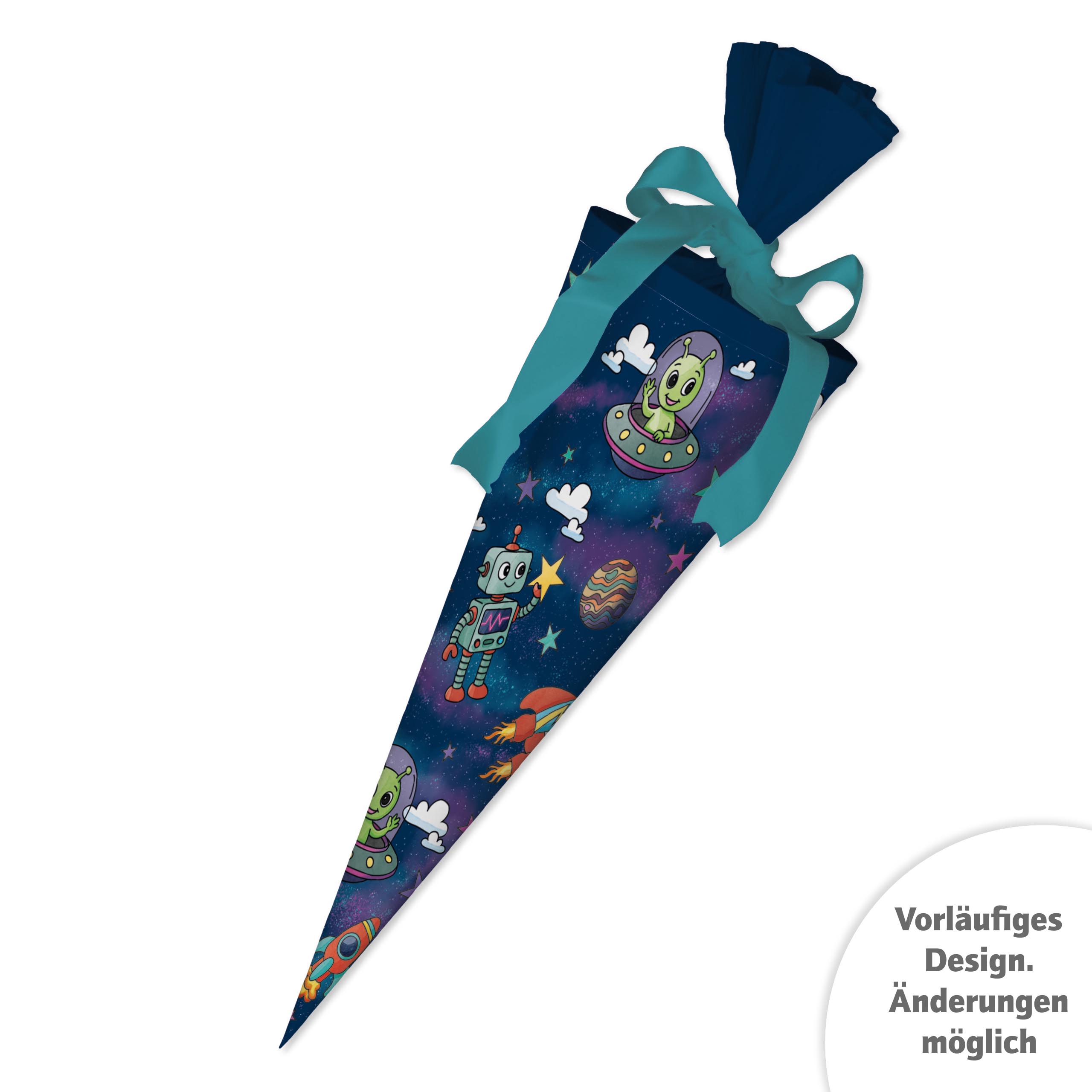 Zu sehen ist eine Geschwistertüte mit Weltraum-Motiv von Tapirella. Das Design zeigt verschiedene Elemente aus dem Weltall und eignet sich für Kinder.