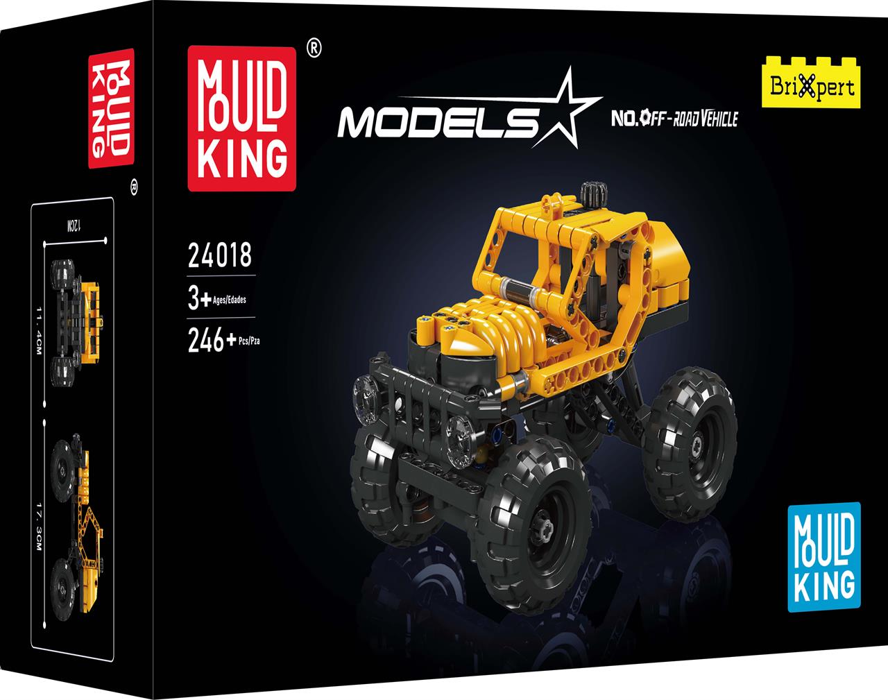 Auf dem Bild ist die Verpackung des Produkts „Mould King® 24018 Offroad-SUV“ zu sehen. Das Set enthält über 246 Bauteile und ist für Kinder ab 3 Jahren geeignet.