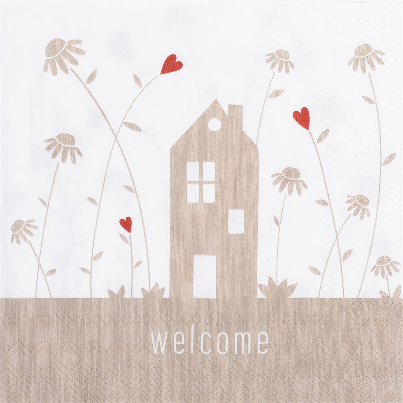 Die Serviette zeigt ein beiges Haus, umgeben von Blumen mit roten Herzblüten. Unten steht das Wort „welcome“ auf einem beigen Hintergrund.