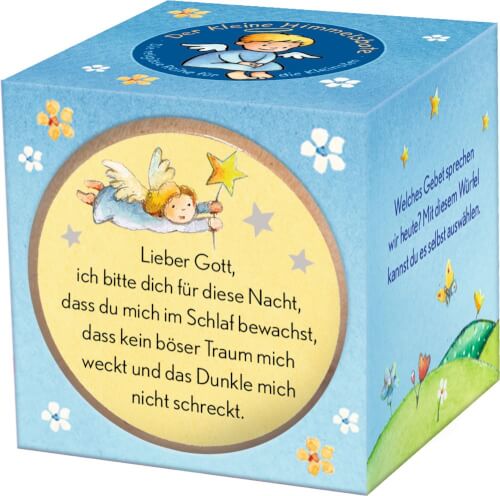 Auf dem Bild ist ein bunter Würfel mit Gebeten für Kinder zu sehen. Auf einer Seite ist ein Gebet mit einer Illustration eines Engels abgebildet.