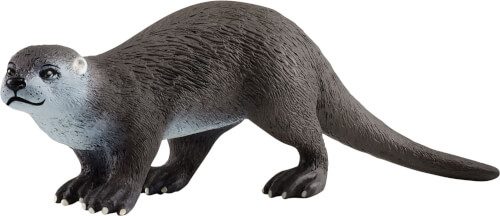 Das Bild zeigt eine Kunststofffigur eines Otters. Die Figur ist dunkelgrau mit einem helleren Bauch und hat einen langen Schwanz.
