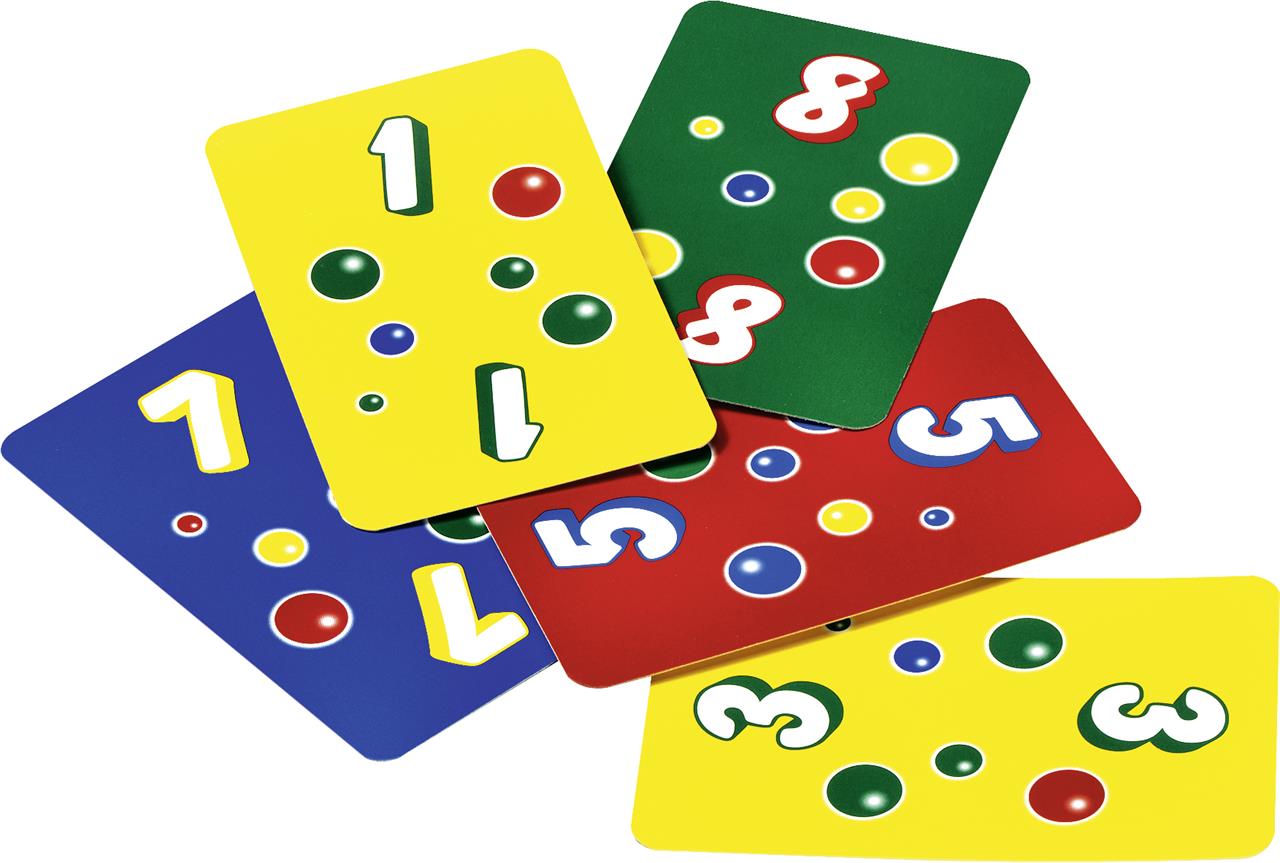 Auf dem Bild sind bunte Ligretto®-Spielkarten mit Zahlen und farbigen Punkten zu sehen. Die Karten liegen übereinander gestapelt in verschiedenen Farben wie Gelb, Blau, Rot und Grün.