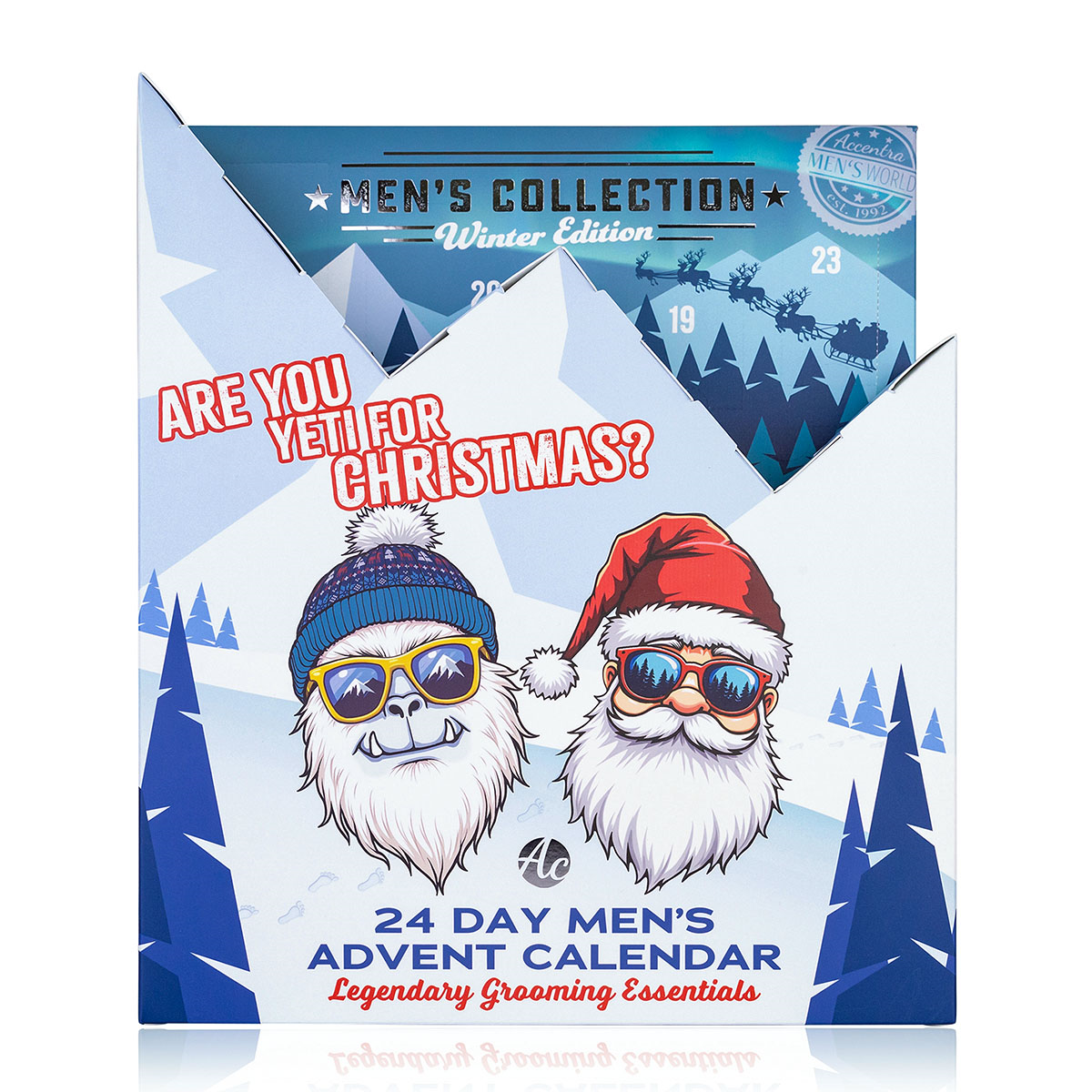 Dies ist ein Adventskalender aus der MEN'S Collection Winter. Die Verpackung zeigt ein winterliches Design.