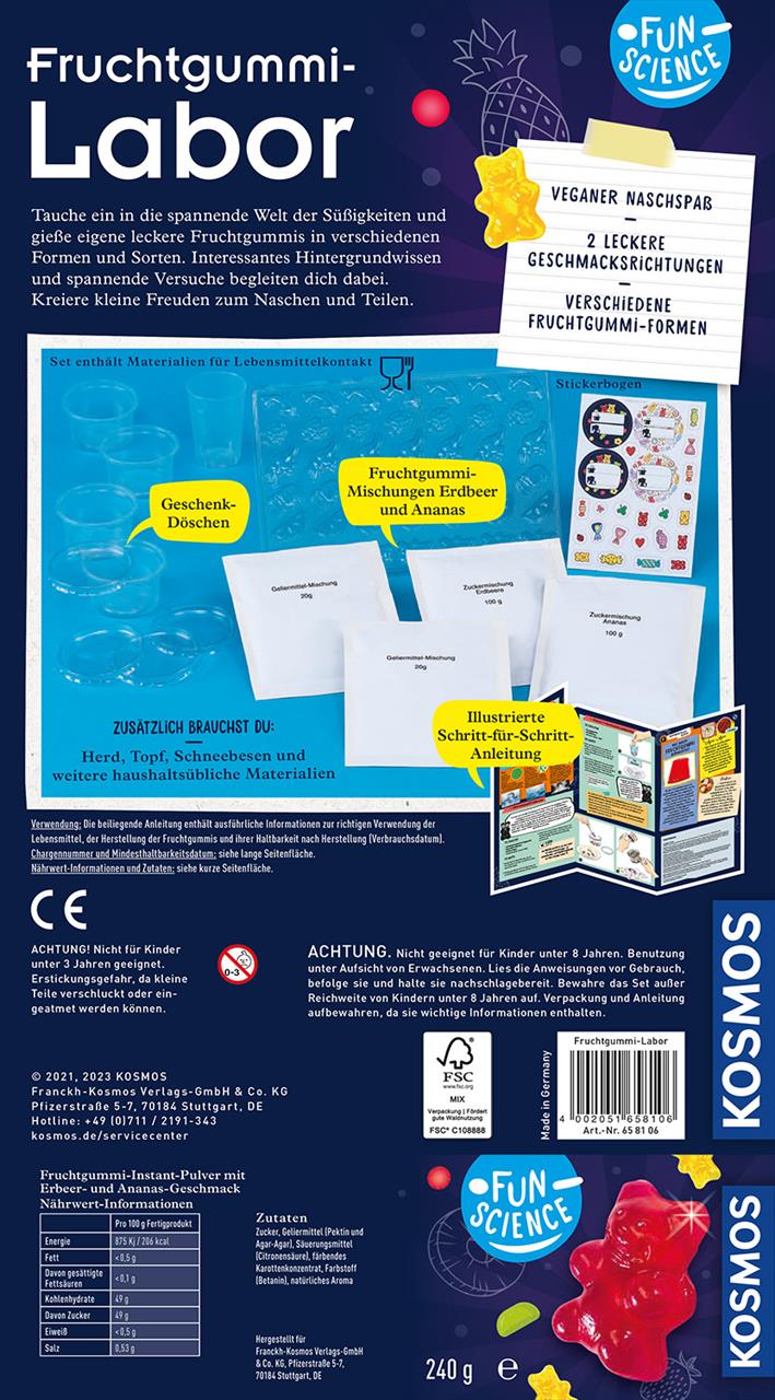Das Bild zeigt das Produkt "Fun Science - Fruchtgummi-Labor", mit dem man vegane Fruchtgummis in verschiedenen Formen und Geschmacksrichtungen selbst herstellen kann. Das Set enthält alle notwendigen Zutaten und eine bebilderte Schritt-für-Schritt-Anleitu