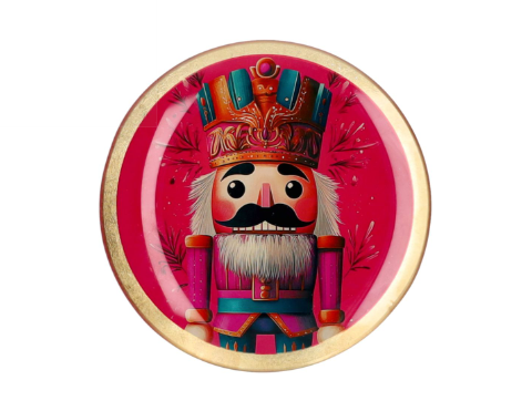 Abgebildet ist ein Love Plates Glasteller in Größe M mit Nussknacker-Motiv. Das Produkt ist rund und dekorativ gestaltet.