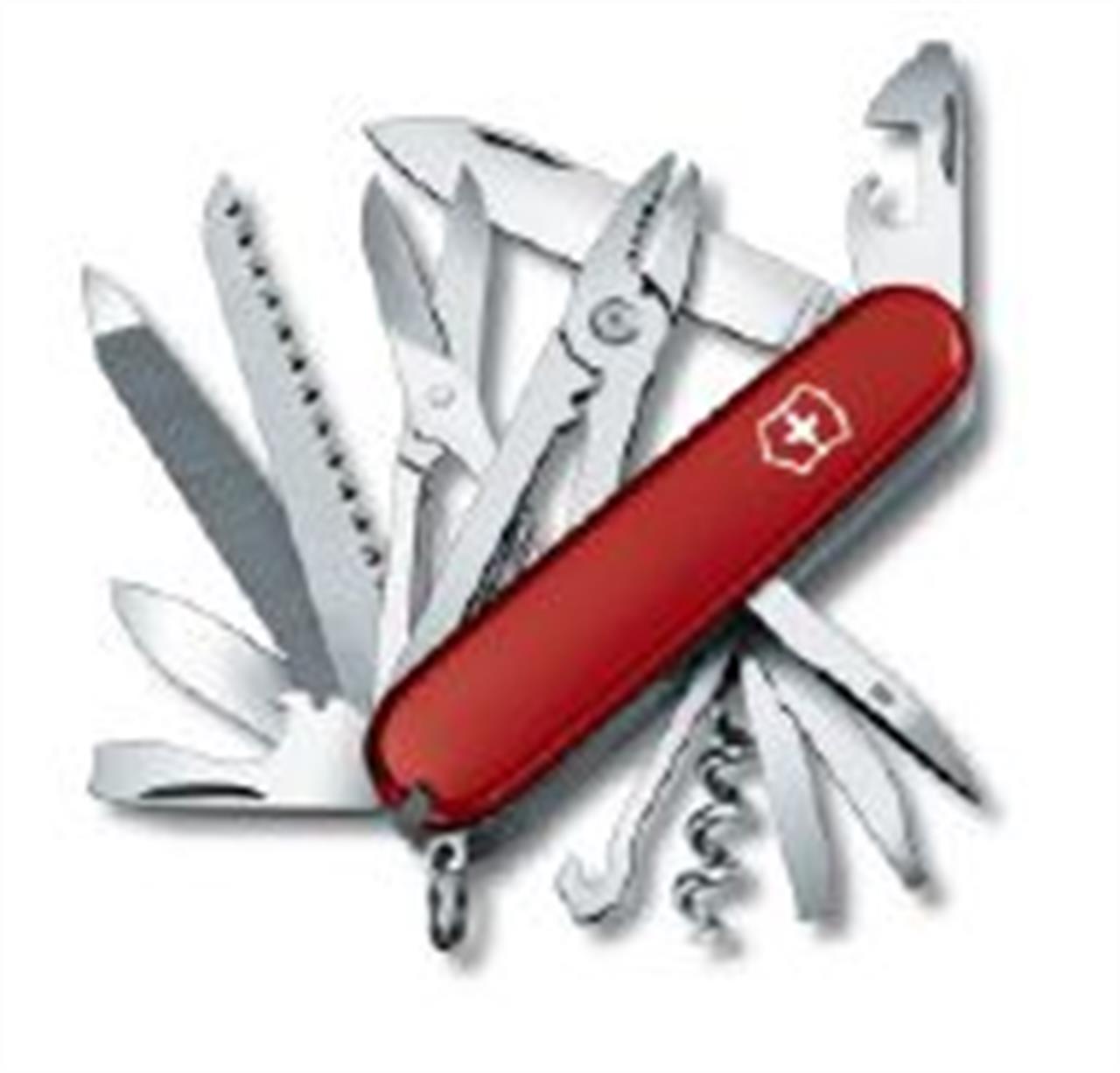 Das Bild zeigt das Produkt "Handyman Rot Taschenmesser". Es hat viele verschiedene Werkzeuge und ein rotes Gehäuse mit einem weißen Kreuz.