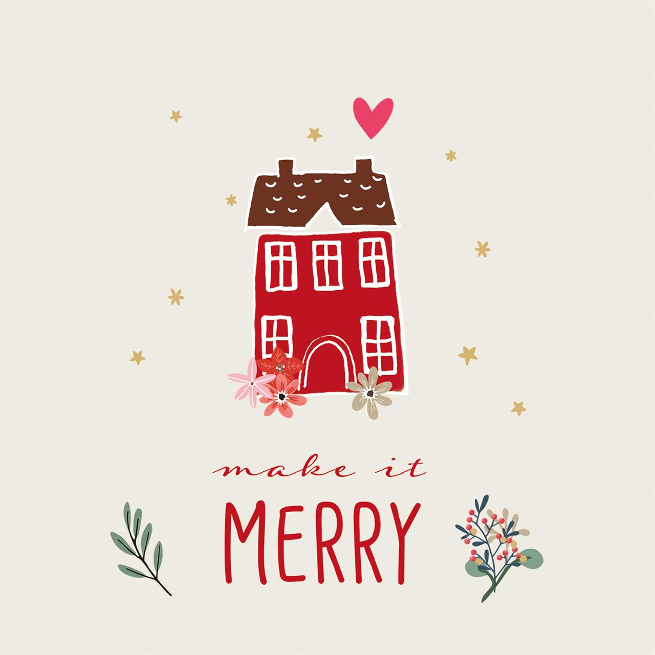 Das Bild zeigt eine rote, stilisierte Hauszeichnung mit Blumen, Sternen und einem Herz. Darunter steht der Schriftzug „make it MERRY“ in roten Buchstaben.