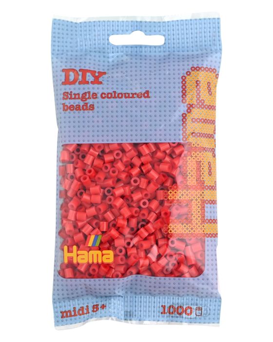 Die Abbildung zeigt eine Tüte mit 1000 roten Perlen der Marke Hama. Die Perlen sind für DIY-Bastelarbeiten geeignet und für Kinder ab 5 Jahren empfohlen.