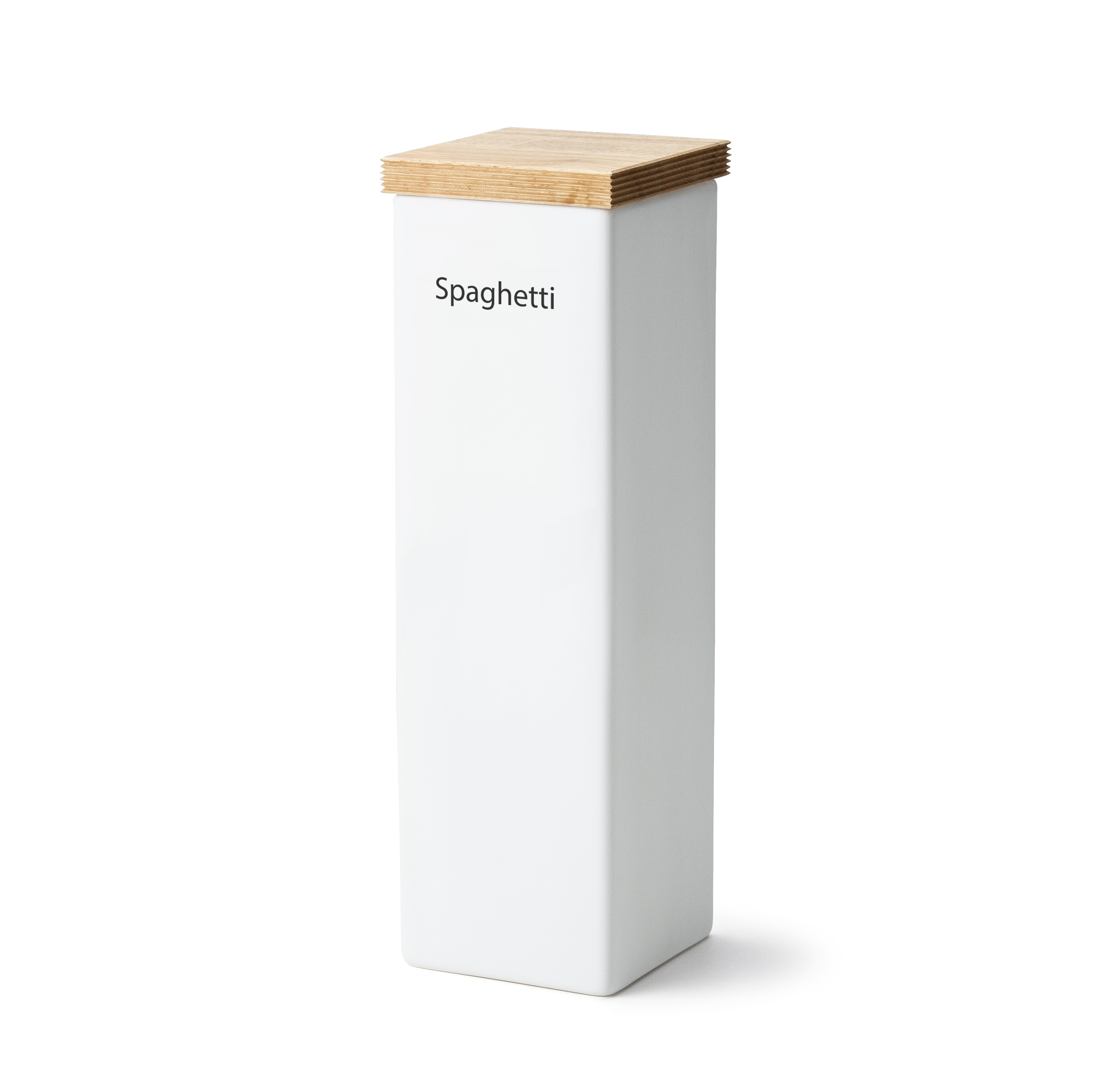 Auf dem Bild ist ein weißer, rechteckiger Behälter mit Holzdeckel zu sehen. Auf dem Behälter steht das Wort „Spaghetti“.