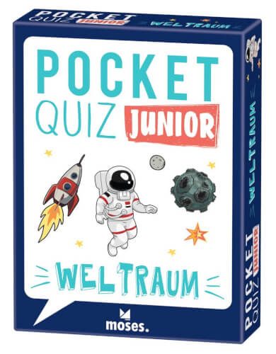 Auf dem Bild ist eine Schachtel mit dem Titel "Pocket Quiz Junior Weltraum" zu sehen. Auf der Verpackung sind eine Rakete, ein Astronaut und ein Asteroid abgebildet.