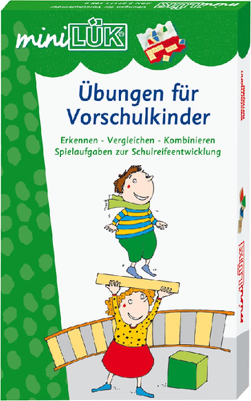 Auf dem Bild ist das Produkt "miniLÜK® Set Übungen für Vorschulkinder 4 Jahre" zu sehen. Es zeigt zwei gezeichnete Kinder, die spielerisch mit Bauklötzen arbeiten.