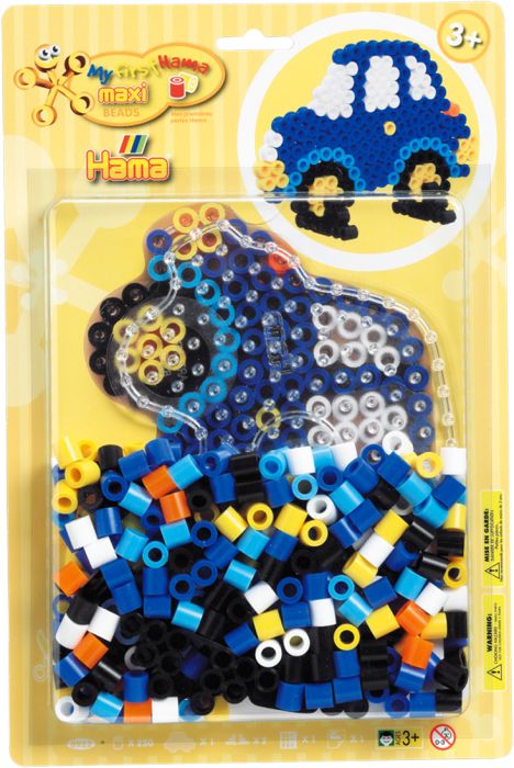 Das Bild zeigt eine Packung "Maxi Perlen Blister Auto 250 Stück" von Hama. Im Set sind bunte Perlen und eine Vorlage für ein Auto enthalten.