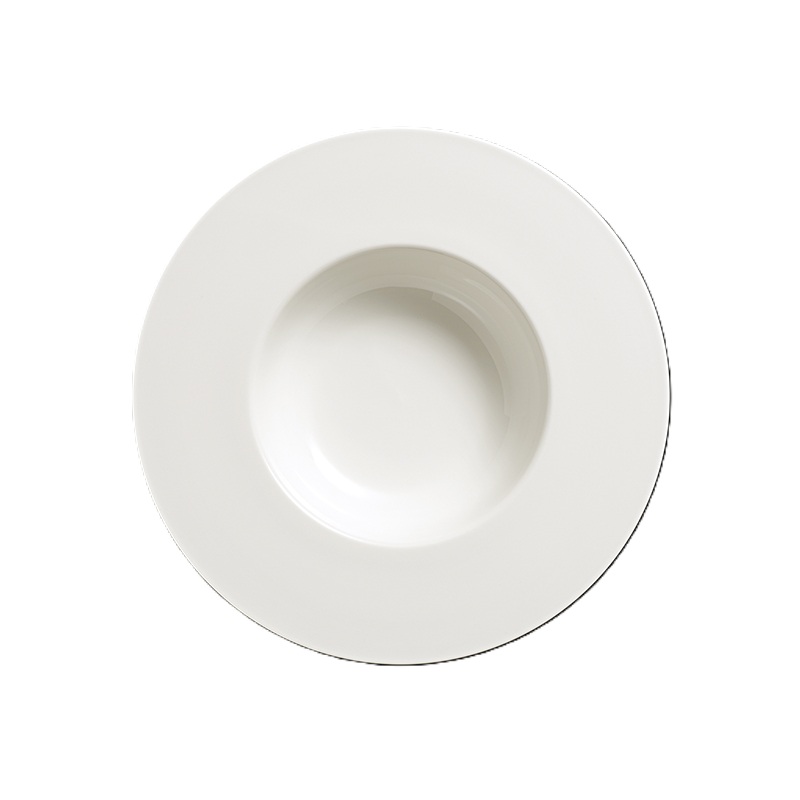 Tiefer Teller mit breitem Rand, 26 cm Durchmesser und 0,40 l Fassungsvermögen. Das Produkt ist in reinem Weiß erhältlich.