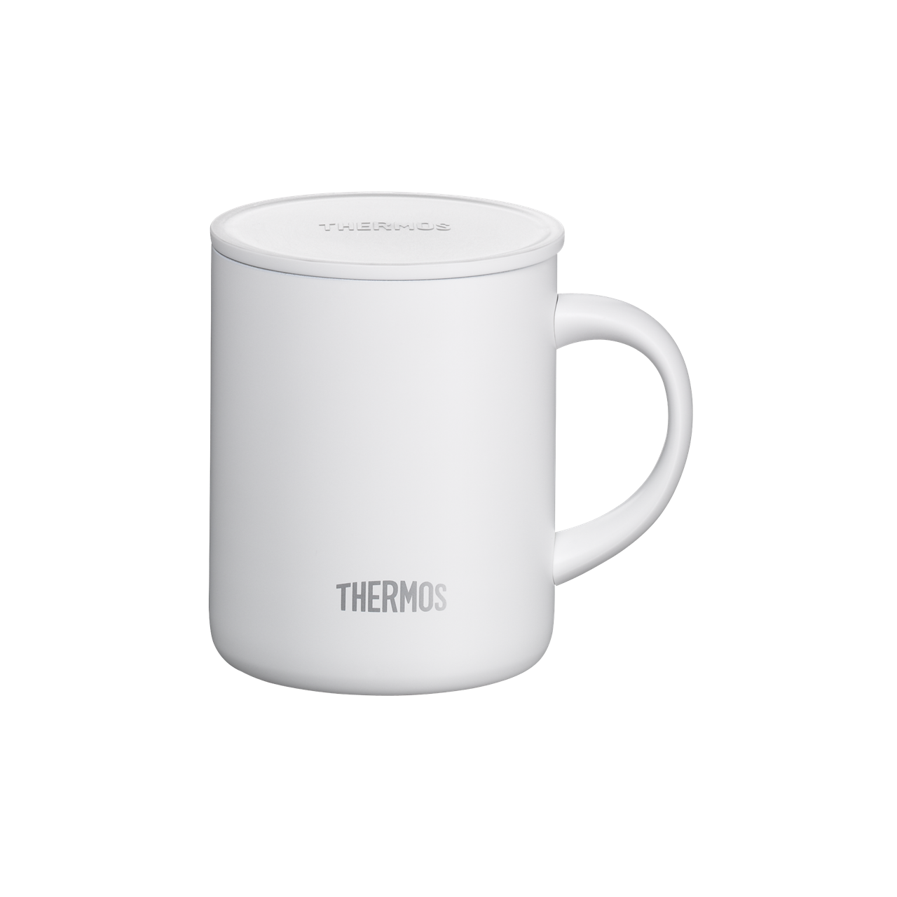 Der Isolier-Trinkbecher Longlife Mug in Weiß hat ein Fassungsvermögen von 0,35 Litern. Er besitzt einen Henkel und einen passenden Deckel, ideal für heiße oder kalte Getränke.