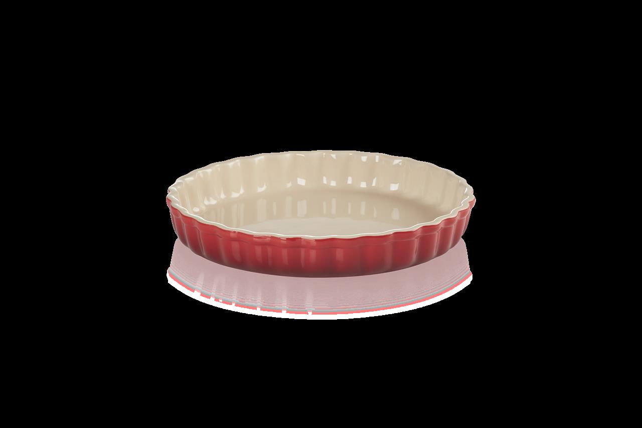 Die Abbildung zeigt eine runde Tarteform mit einem Durchmesser von 24 cm. Sie ist kirschrot an der Außenseite und cremefarben an der Innenseite.