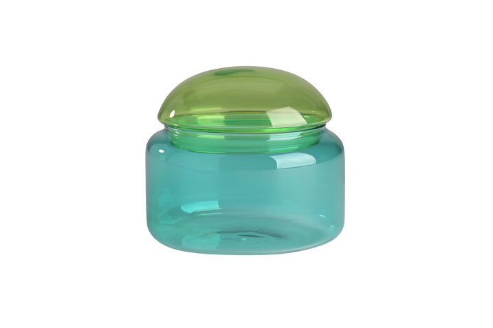Voile, Glasdose, M, Borosilikatglas, grün/blau, gs. Eine mittelgroße Dose aus Borosilikatglas in Grün und Blau.