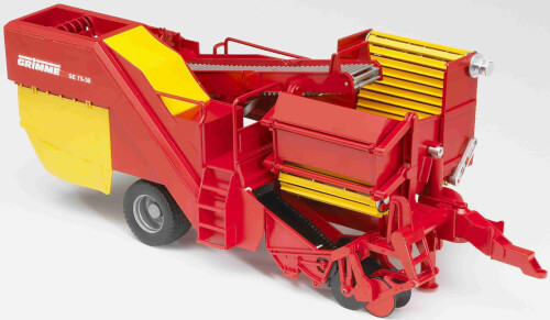 Das Bild zeigt eine landwirtschaftliche Maschine in den Farben Rot und Gelb. Sie hat Räder und verschiedene mechanische Teile zur Ernte von Feldfrüchten.