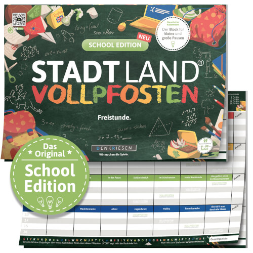 Das Bild zeigt das Spiel "Stadt Land Vollpfosten" in der School Edition. Im Vordergrund ist das Spielfeld mit verschiedenen Kategorien zu sehen.