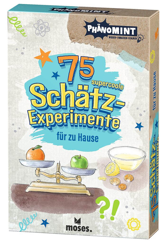 Das Bild zeigt das Buch 'Phänomint 75 Supercoole Schätz-Experimen'. Es handelt sich um ein spannendes Buch mit Experimenten zum Schätzen.
