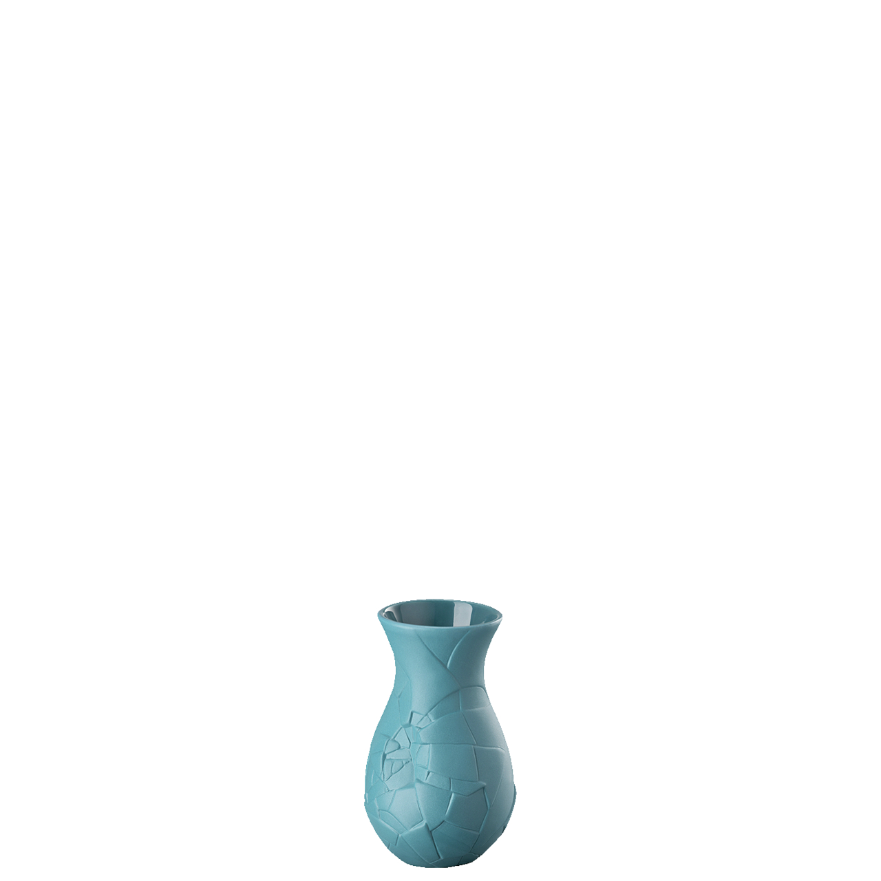 Auf dem Bild ist eine kleine Vase mit einer Höhe von 10 cm zu sehen. Die Vase hat eine blaue Farbe und ein auffälliges Muster, das an Risse oder Bruchstellen erinnert.