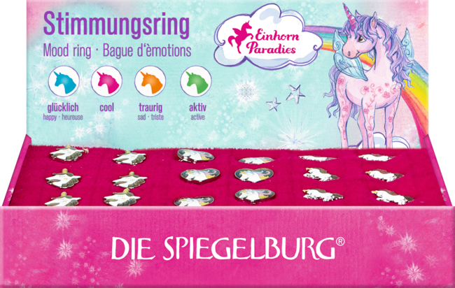 Hier ist der Einhorn-Paradies - Stimmungsring abgebildet. Das Schmuckstück zeigt unterschiedliche Farbtöne.