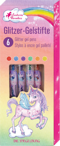 Auf der Verpackung sind sechs Glitzer-Gelstifte mit Einhornmotiven abgebildet. Im Vordergrund sieht man ein buntes Einhorn mit Flügeln und einer Mähne in Pastellfarben.