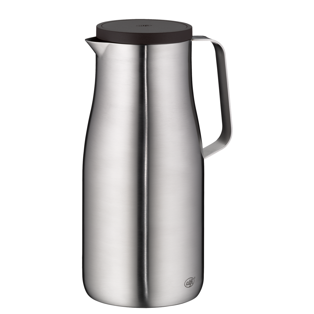 Die Abbildung zeigt eine Isolierkanne aus gebürstetem Edelstahl mit einem schwarzen Deckel und Griff. Das Modell heißt "Isolierkanne Studio TT matt 1,5L" und hat ein Fassungsvermögen von 1,5 Litern.