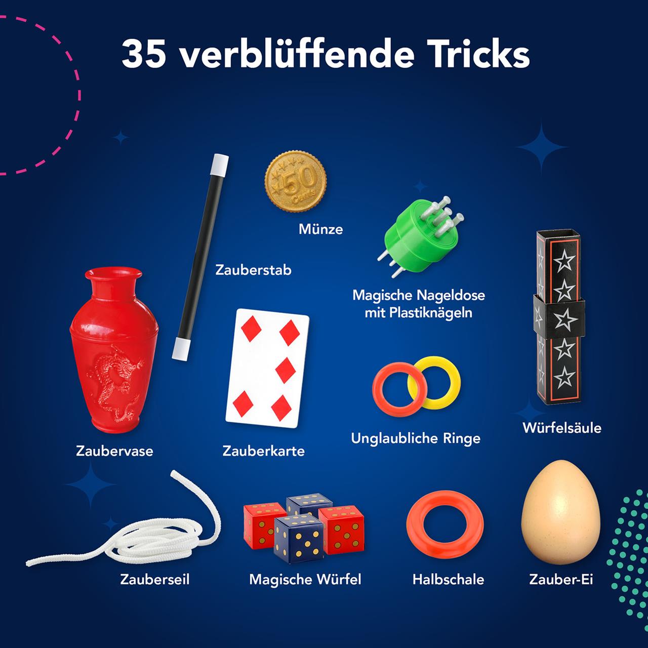 Das Bild zeigt das Produkt „Die Zauberschule MAGIC Silber Edition“ mit verschiedenen Zaubertricks. Zu sehen sind unter anderem ein Zauberstab, eine Münze, eine Zaubervase und weitere bunte Zauberutensilien.