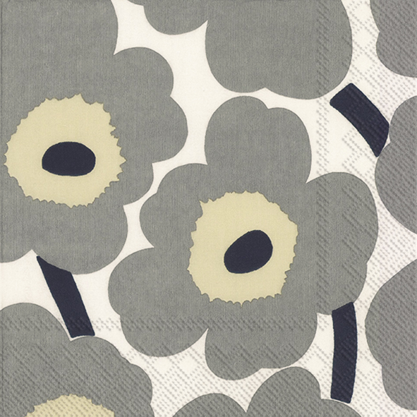 Die Serviette zeigt ein florales Muster mit grauen Blumen und beigen Zentren auf weißem Hintergrund. Das Design wirkt modern und schlicht und ist Teil der UNIKKO Grey White Green Collection.