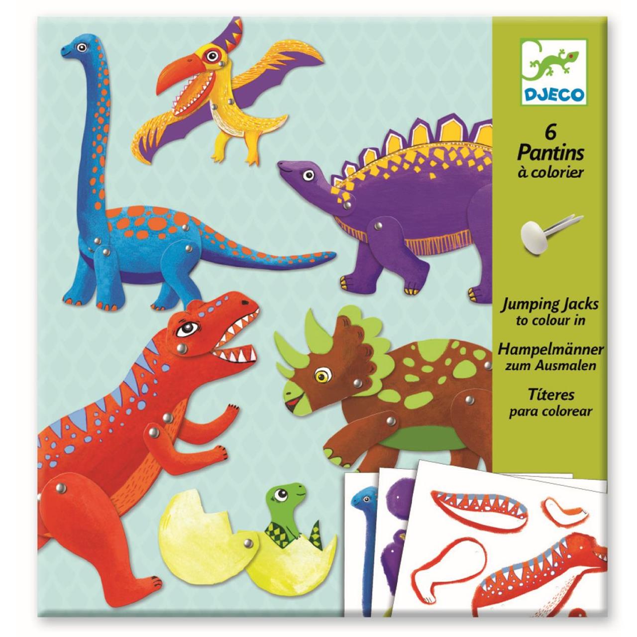 Das Bild zeigt das Produkt "Kleine Geschenke: Dinos-Hampelmänner" von Djeco mit sechs bunten Dinosaurier-Figuren zum Ausmalen und Basteln. Auf der Verpackung sind verschiedene fröhliche Dinosaurier abgebildet, darunter ein T-Rex, ein Triceratops und ein F