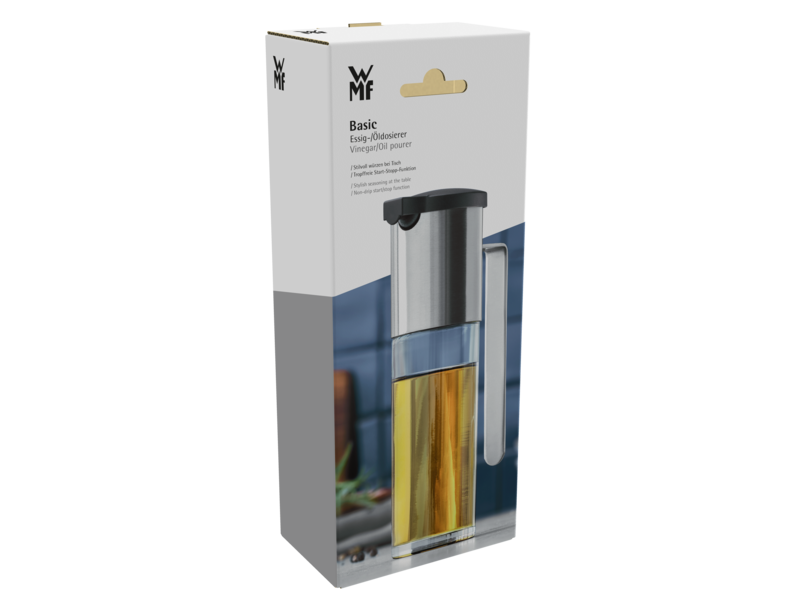 Die Abbildung zeigt eine Verpackung für einen Essig-/Öldosierer der Marke WMF. Auf der Vorderseite ist das Produkt mit einer Mischung aus Edelstahl und Glas abgebildet.