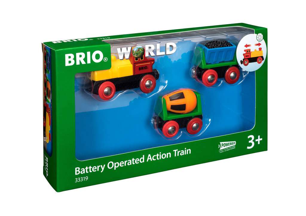 Auf dem Bild ist das Produkt „BRIO® World Zug mit Batterielok 33319“ in seiner Verpackung zu sehen. Die Verpackung zeigt eine batteriebetriebene Lokomotive mit zwei Waggons und ist für Kinder ab 3 Jahren geeignet.