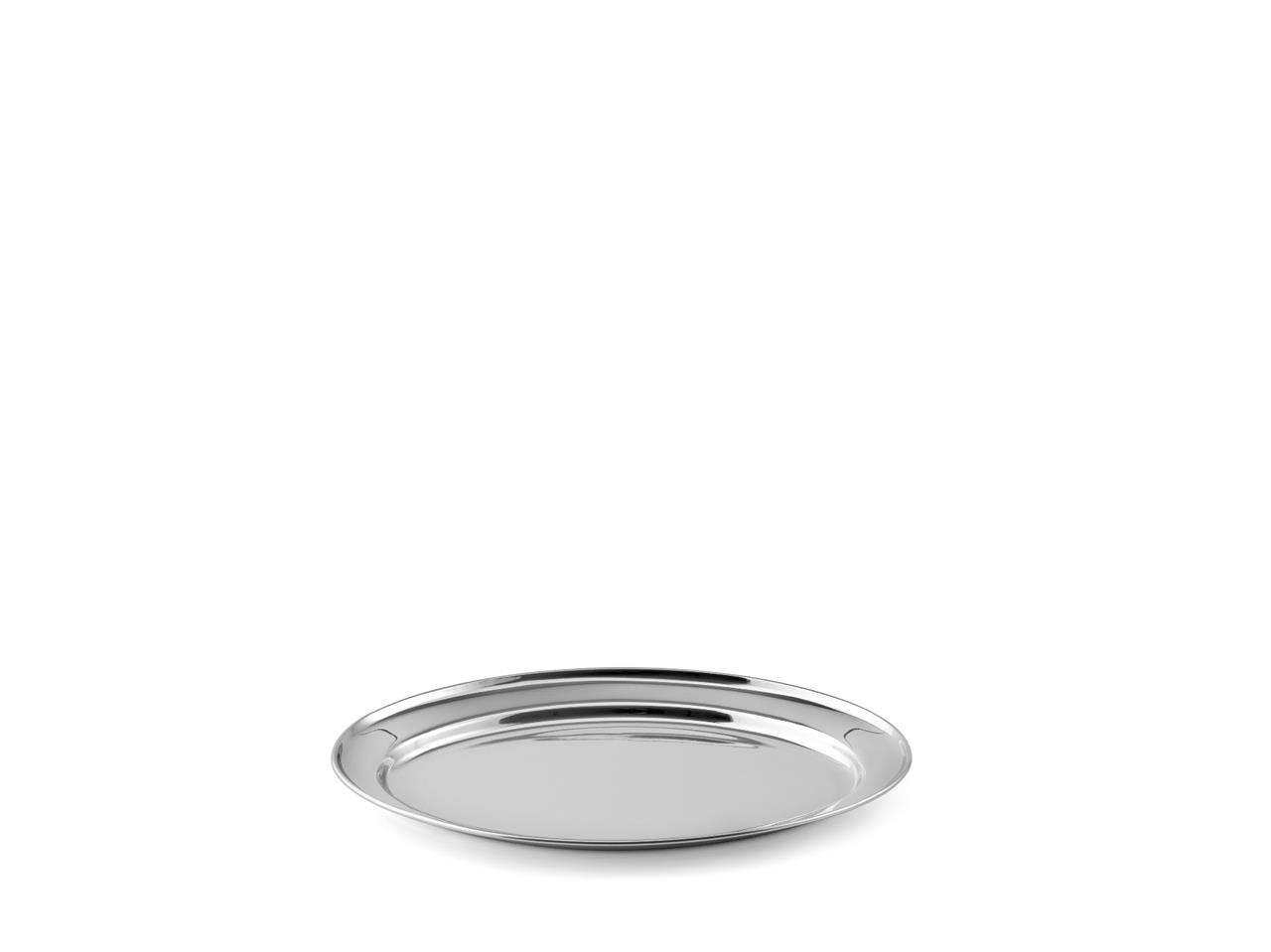 Auf dem Bild ist eine ovale Servierplatte mit einer Länge von 25 cm zu sehen. Die Platte besteht aus glänzendem Metall und hat einen schlichten, zeitlosen Look.