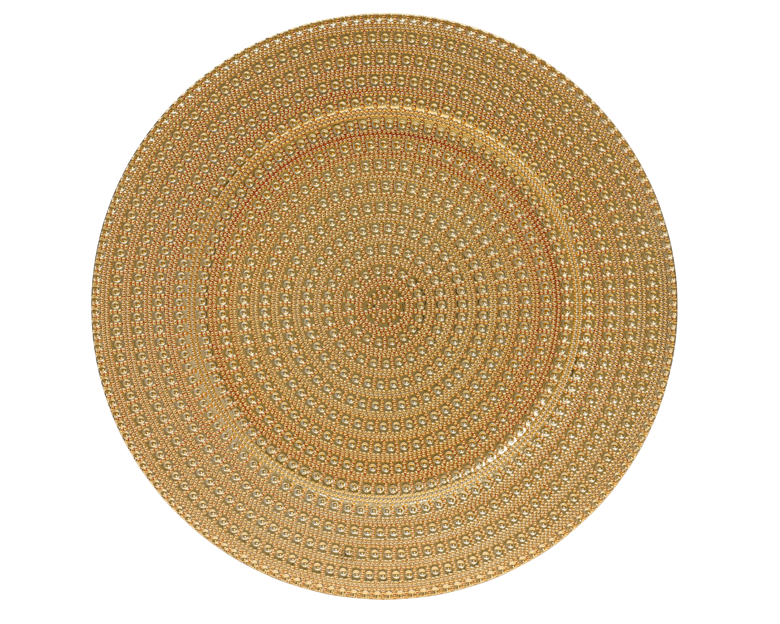 Das Bild zeigt den Dekoteller in goldener Farbe aus PP. Er eignet sich als dekorativer Teller.